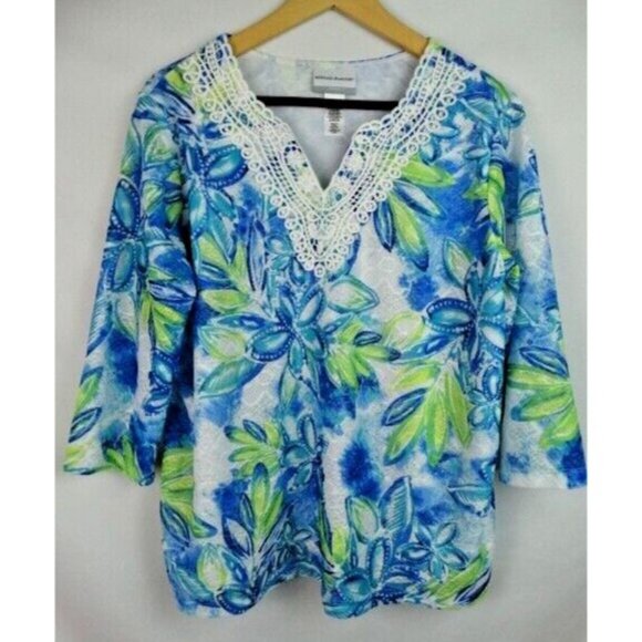 Alfred Dunner Women's Shirt Petite Size PL Blue Green Floral 3/4 Sleeve Top - Picture 1 of 10